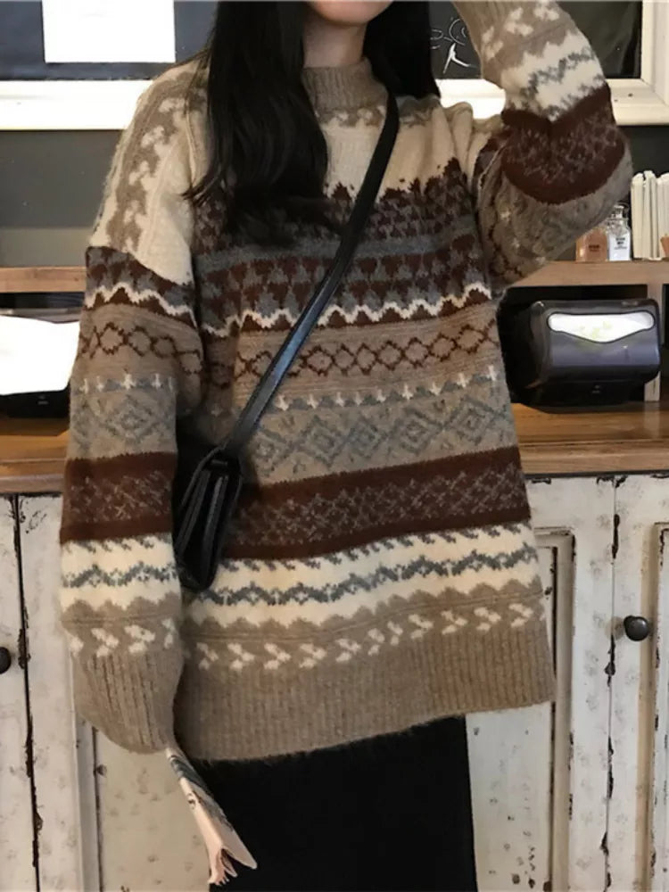 Women's Argyle Knit Jumper – Loose Fit Striped Pullover Sweater
