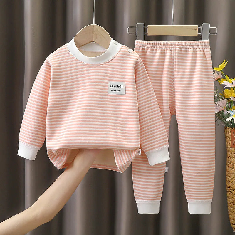Children's Striped Plush Pyjama Set – Warm Top & Trousers, Ages 0–5