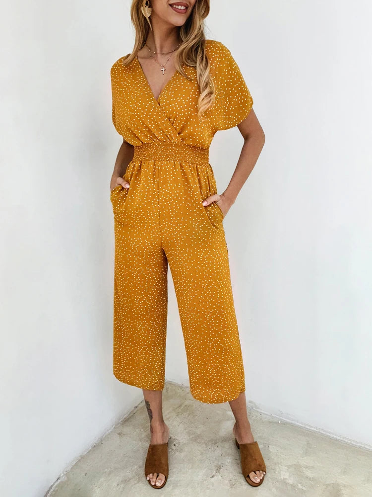 Women's Printed Wide Leg Jumpsuit – Casual Summer Playsuit with Pockets