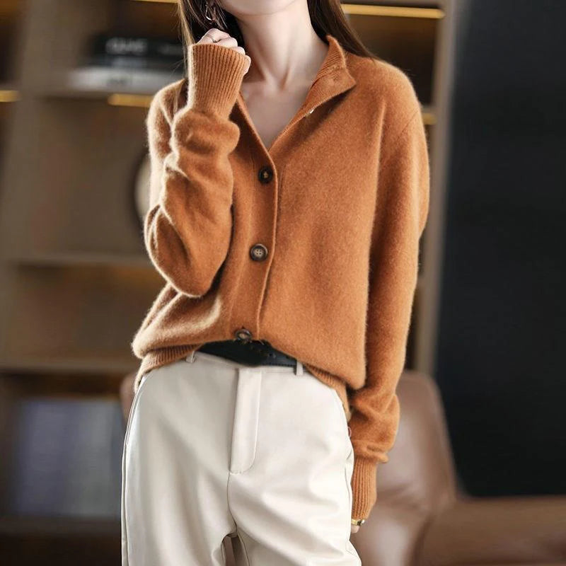Women's Single-Breasted Knitted Cardigan – Elegant Stand Collar Jacket