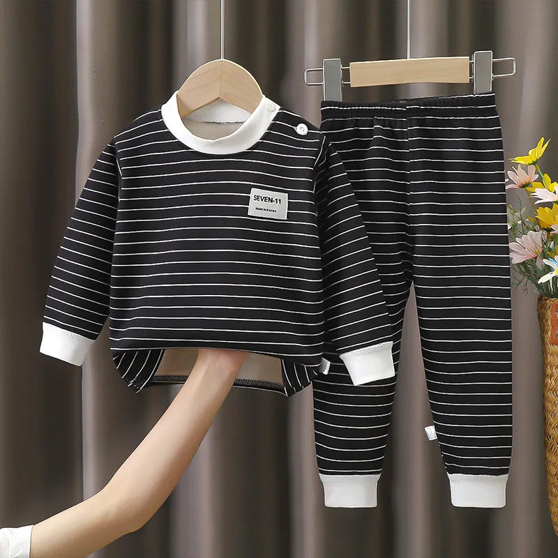 Children's Striped Plush Pyjama Set – Warm Top & Trousers, Ages 0–5