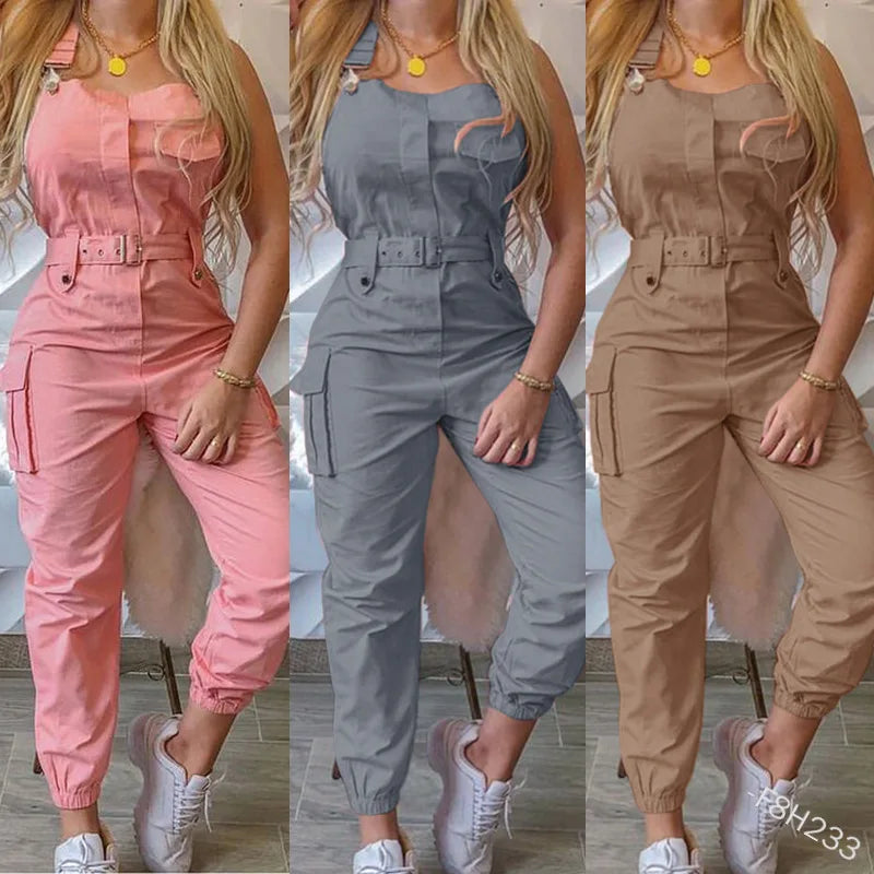 Women's Sleeveless Cargo Jumpsuit – Casual Ankle-Tie Playsuit