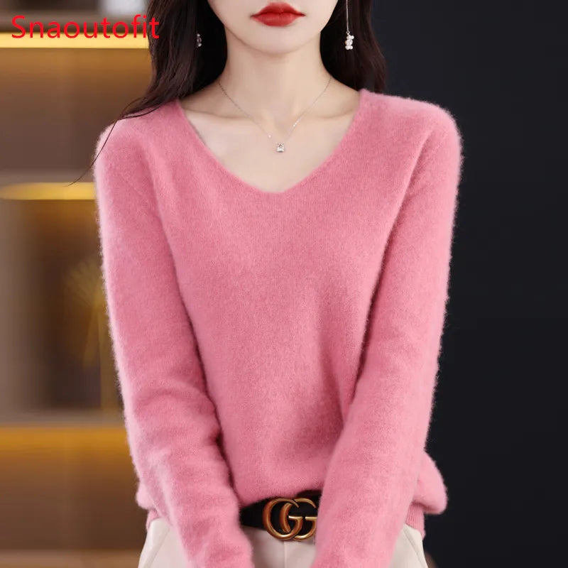 Women's 100% Wool V-Neck Jumper – Loose Fit Knit Pullover